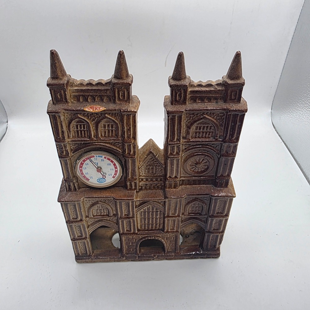 Ceramic Cathedral Church Wall Thermometer Brown Glazed Architectural Decor